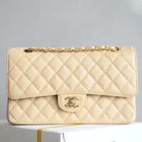 Chanel Women Classic 11.12 Handbag Grained Shiny Calfskin Gold-Tone Metal-Beige