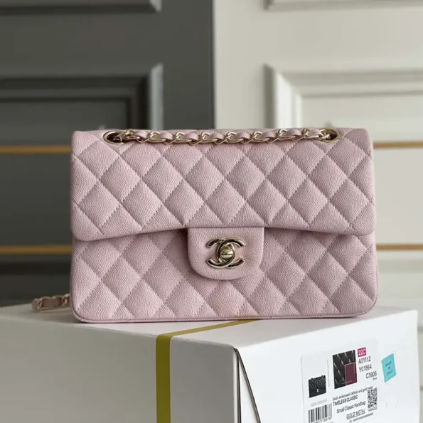 Chanel Women Small Classic Handbag Grained Shiny Calfskin Gold-Tone Metal-Light Pink