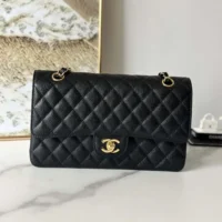 Chanel Women Small Classic Handbag in Grained Calfskin Gold Tone Metal-Black