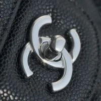 Chanel Women Small Classic Handbag in Grained Calfskin Silver Tone Metal-Black