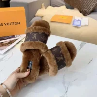 Louis Vuitton LV Women Lock It Flat Comfort Mule Brown Shearling Monogram Flowers