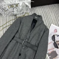 Dior Women Belted Jacket with Removable Scarf Gray Virgin Wool Tweed