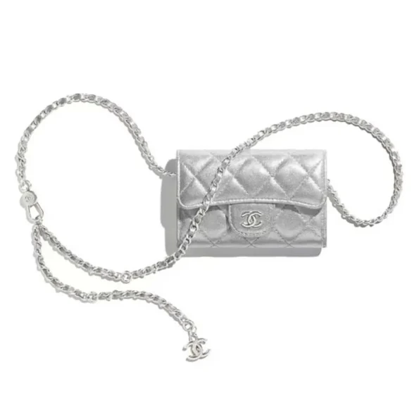 Chanel Women CC Metallic Lambskin Quilted Belt Bag Silver