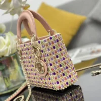 Dior Women Lady Dior Bag Metallic Calfskin and Satin with Celestial Pink Bead Embroidery