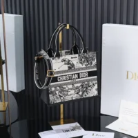 Dior Women Small Dior Book Tote Latte and Black Dior Zodiac Embroidery with Black Calfskin