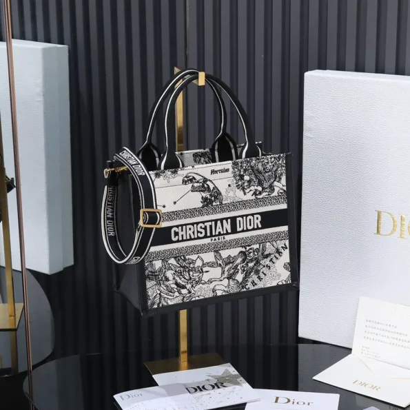 Dior Women Small Dior Book Tote Latte and Black Dior Zodiac Embroidery with Black Calfskin