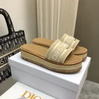 Dior Women Dway Platform Slide Natural Raffia and White Embroidered Cotton