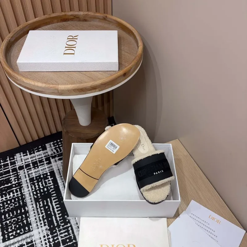 Dior Women Dway Slide Black Calfskin and Embroidered Cotton