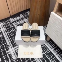 Dior Women Dway Slide Black Calfskin and Embroidered Cotton