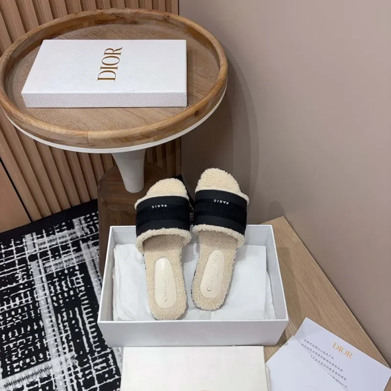 Dior Women Dway Slide Black Calfskin and Embroidered Cotton