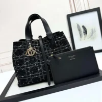 Dior Women Medium Dior Toujours Bag Black Tweed with White Cannage Motif