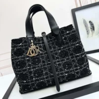 Dior Women Medium Dior Toujours Bag Black Tweed with White Cannage Motif