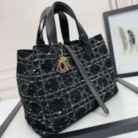 Dior Women Medium Dior Toujours Bag Black Tweed with White Cannage Motif