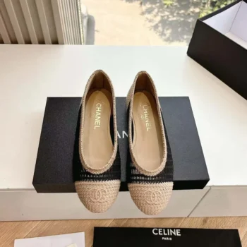 Chanel Women Ballet Flats Raffia Black & Beige G46352