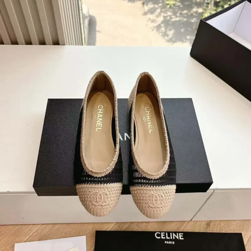 Chanel Women Ballet Flats Raffia Black & Beige G46352