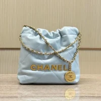 Chanel Women Mini CC 22 Handbag Shiny Calfskin & Gold-Tone Metal Light Blue