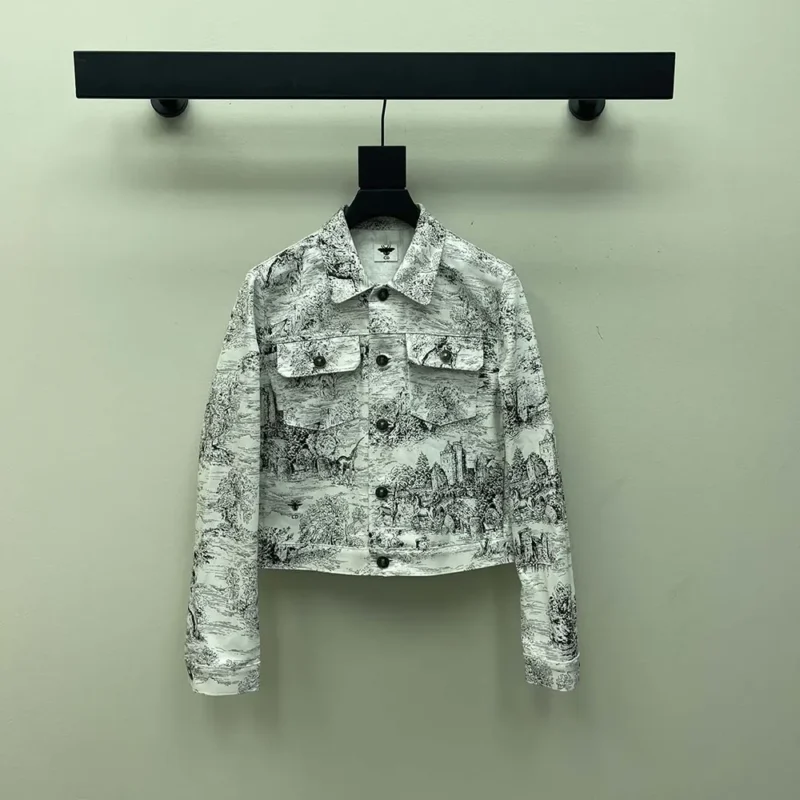 Dior Men Jacket White Cotton Denim with Blue Toile de Jouy Scotland Motif