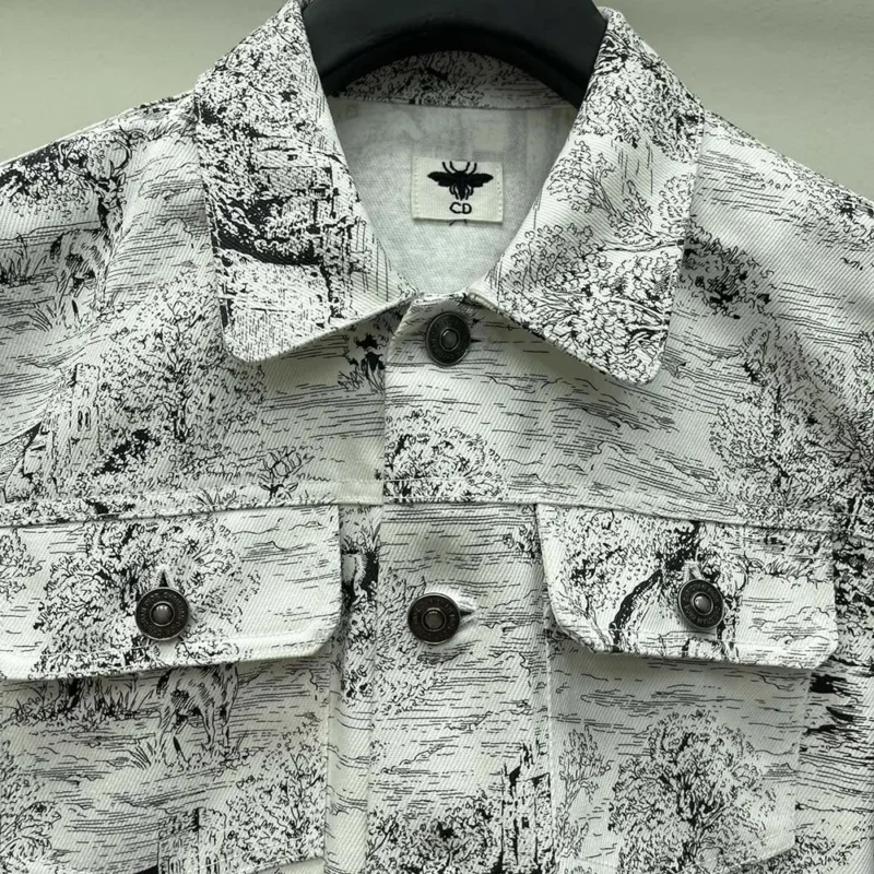 Dior Men Jacket White Cotton Denim with Blue Toile de Jouy Scotland Motif
