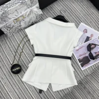 Dior Women Asymmetric Short-Sleeved Jacket with Belt Ecru Virgin Wool and Silk Grain de Poudre