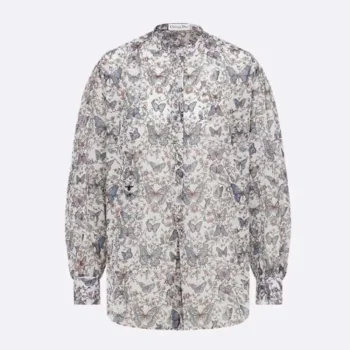 Dior Women Blouse White Cotton Muslin with Multicolor Toile de Jouy Papillon Motif