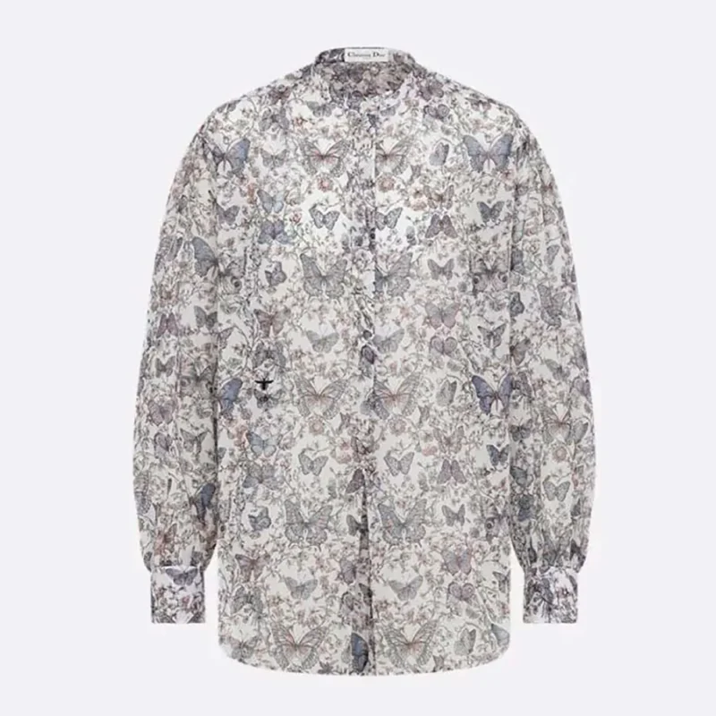 Dior Women Blouse White Cotton Muslin with Multicolor Toile de Jouy Papillon Motif