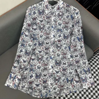 Dior Women Blouse White Cotton Muslin with Multicolor Toile de Jouy Papillon Motif