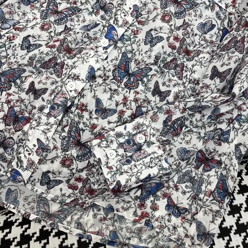 Dior Women Blouse White Cotton Muslin with Multicolor Toile de Jouy Papillon Motif