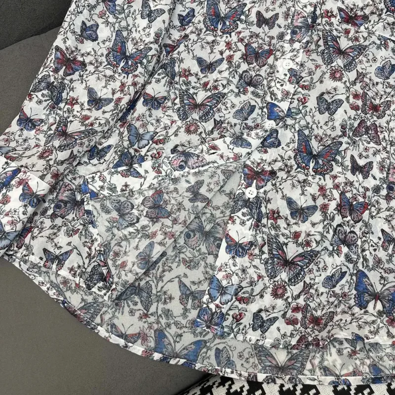 Dior Women Blouse White Cotton Muslin with Multicolor Toile de Jouy Papillon Motif