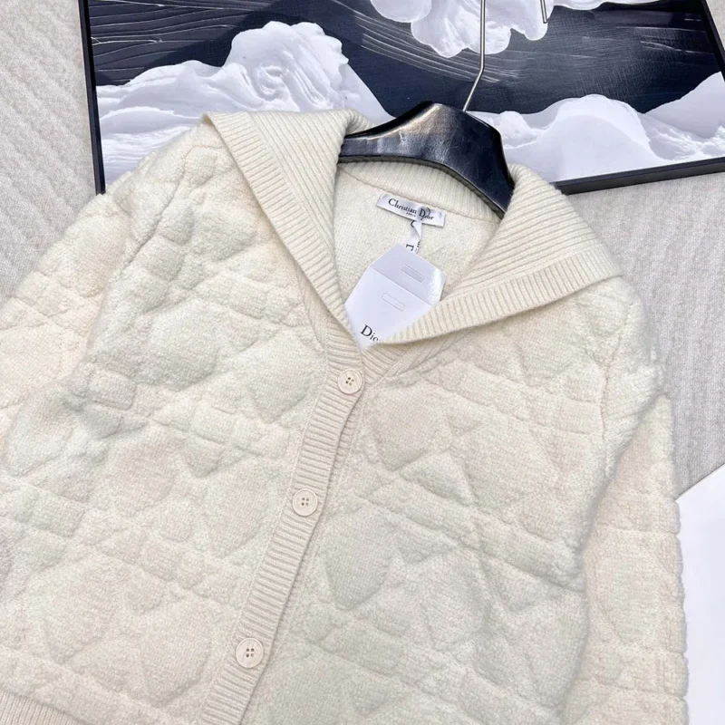 Dior Women Cannage Cardigan Ecru Blended Wool and Cashmere Textured Knit