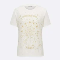Dior Women Embroidered T-Shirt White Cotton Jersey with Gold-Tone Dior Astral Motif