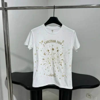 Dior Women Embroidered T-Shirt White Cotton Jersey with Gold-Tone Dior Astral Motif
