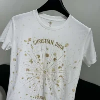 Dior Women Embroidered T-Shirt White Cotton Jersey with Gold-Tone Dior Astral Motif