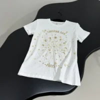 Dior Women Embroidered T-Shirt White Cotton Jersey with Gold-Tone Dior Astral Motif