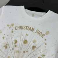 Dior Women Embroidered T-Shirt White Cotton Jersey with Gold-Tone Dior Astral Motif