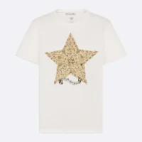 Dior Women Embroidered T-Shirt White Cotton and Linen Jersey with Gold-Tone Dior Around the World Motif