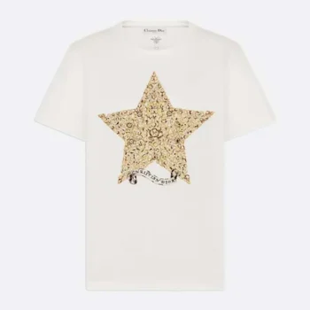 Dior Women Embroidered T-Shirt White Cotton and Linen Jersey with Gold-Tone Dior Around the World Motif