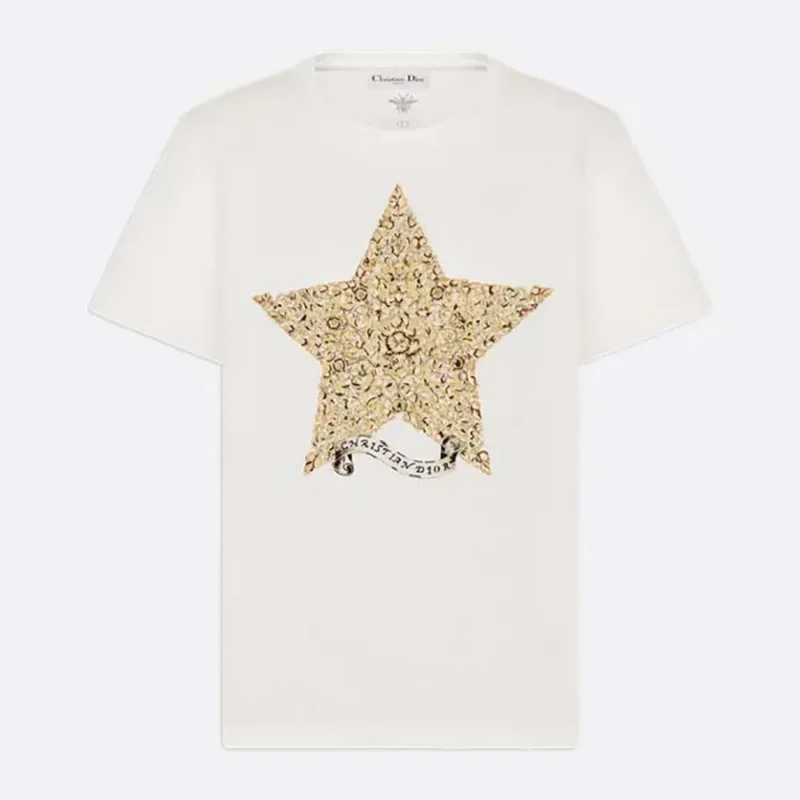 Dior Women Embroidered T-Shirt White Cotton and Linen Jersey with Gold-Tone Dior Around the World Motif