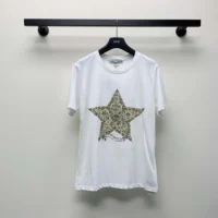 Dior Women Embroidered T-Shirt White Cotton and Linen Jersey with Gold-Tone Dior Around the World Motif