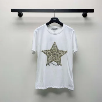 Dior Women Embroidered T-Shirt White Cotton and Linen Jersey with Gold-Tone Dior Around the World Motif
