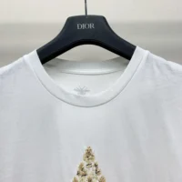 Dior Women Embroidered T-Shirt White Cotton and Linen Jersey with Gold-Tone Dior Around the World Motif