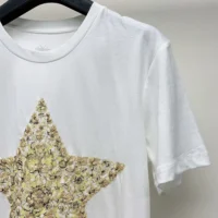 Dior Women Embroidered T-Shirt White Cotton and Linen Jersey with Gold-Tone Dior Around the World Motif