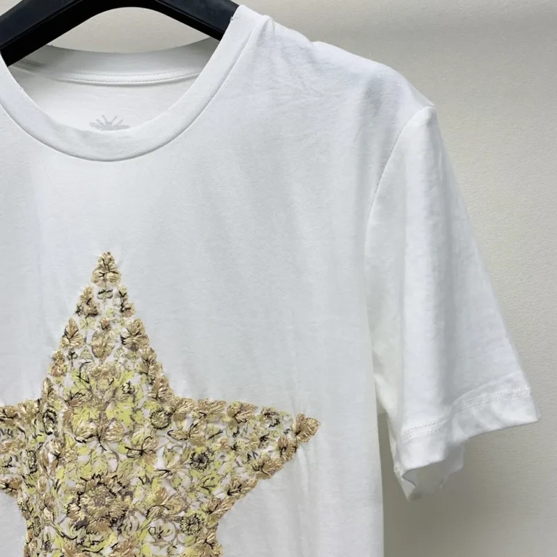 Dior Women Embroidered T-Shirt White Cotton and Linen Jersey with Gold-Tone Dior Around the World Motif
