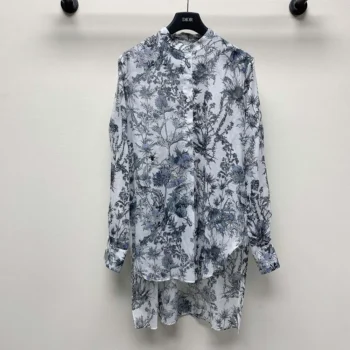 Dior Women Long Blouse White Cotton Muslin with Blue Dior Chardons Motif