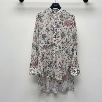 Dior Women Long Blouse White Cotton Muslin with Multicolor Dior Cabinet de Curiosités Motif