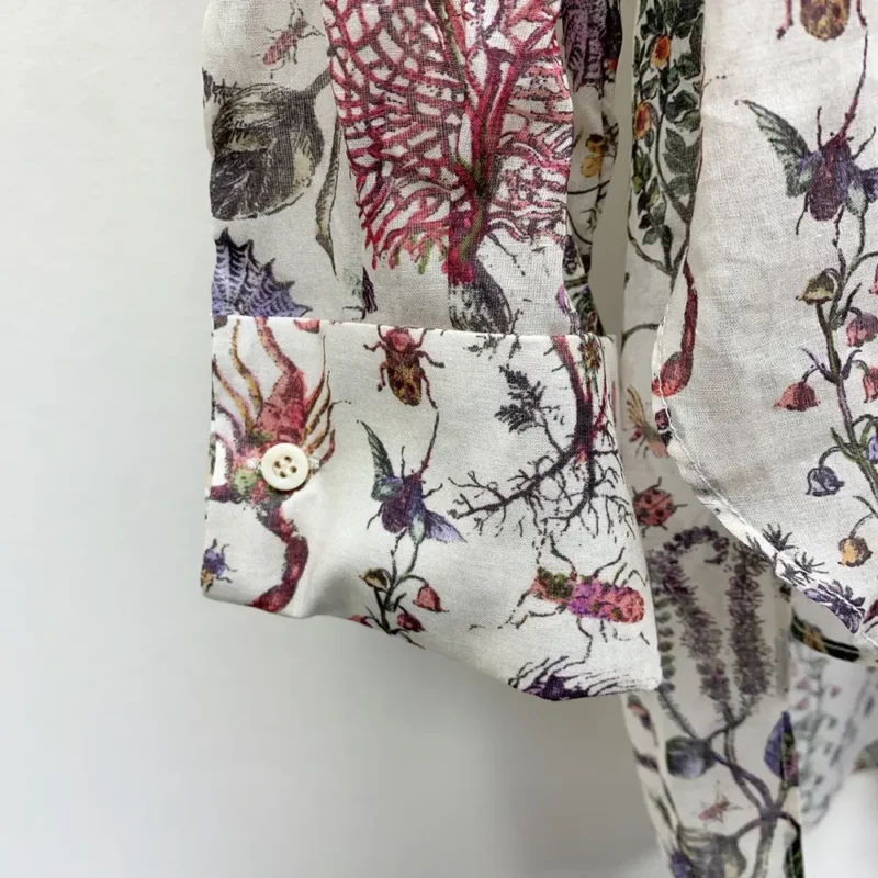 Dior Women Long Blouse White Cotton Muslin with Multicolor Dior Cabinet de Curiosités Motif