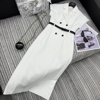 Dior Women Mid-Length Belted Dress Ecru Virgin Wool and Silk Grain de Poudre