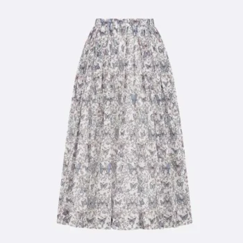 Dior Women Mid-Length Flared Skirt White Cotton Muslin with Multicolor Toile de Jouy Papillon Motif