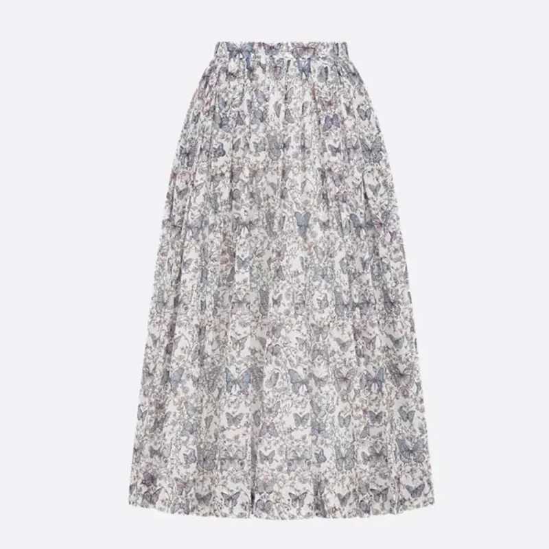 Dior Women Mid-Length Flared Skirt White Cotton Muslin with Multicolor Toile de Jouy Papillon Motif