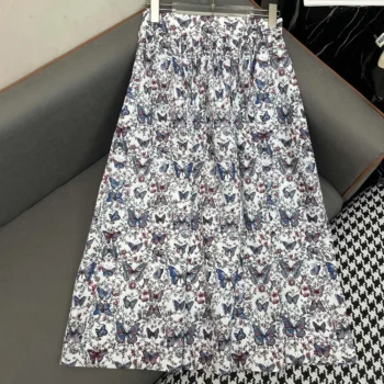 Dior Women Mid-Length Flared Skirt White Cotton Muslin with Multicolor Toile de Jouy Papillon Motif