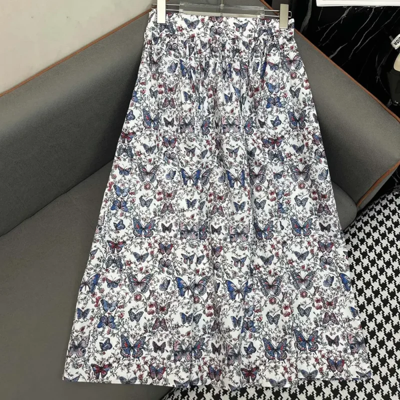 Dior Women Mid-Length Flared Skirt White Cotton Muslin with Multicolor Toile de Jouy Papillon Motif